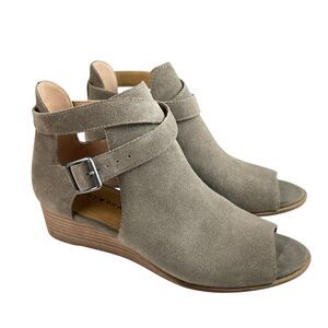 Lucky Brand Woman’s Radburn Wedge Bootie Sandals 8M Taupe Suede Cutout Peep Toe